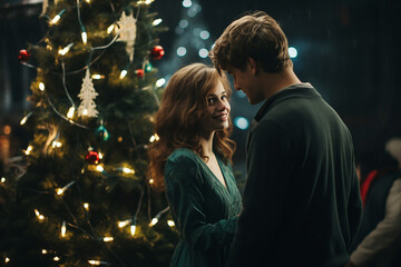 a happy couple standing in front of a christmas tree