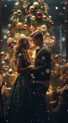 Obraz premium a happy couple standing in front of a christmas tree