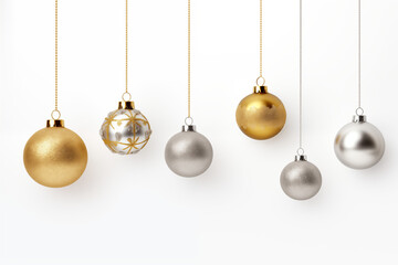 Christmas balls on a white background. Luxurious hanging trinkets with ribbon. Christmas toys - obrazy, fototapety, plakaty