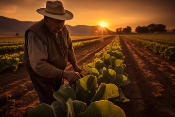 Fototapeta premium photograph of a farmer picking lettuce from his garden. Image of a very large lettuce plantation. Photograph at sunset.