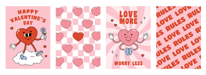 WebSet of Valentine Day greeting cards with groovy heart characters. Love concept. Template for poster, banner, invitation, greeting card. Vector illustration