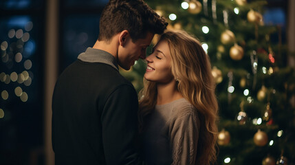 Fototapeta premium a happy couple standing in front of a christmas tree