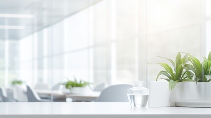 Abstract business backdrop: a blurred scene within a contemporary white office.