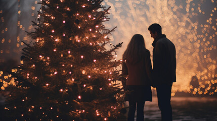 a happy couple standing in front of a christmas tree - Powered by Adobe