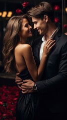 Portrait of a young couple in love in a luxury restaurant, date, romantic evening, blurred bokeh background.