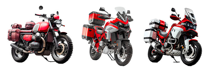 Collection of touring motorcycles on transparent background PNG. Motorcycle touring concept. - obrazy, fototapety, plakaty