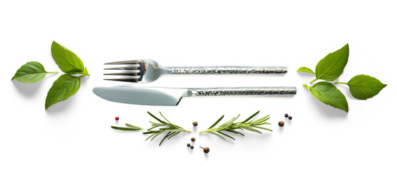 setting silverware and fresh mediterranean herb and spices with real transparent shadow isolated on transparent background. PNG cooking background design element - 668731268