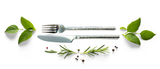 setting silverware and fresh mediterranean herb and spices with real transparent shadow isolated on transparent background. PNG cooking background design element