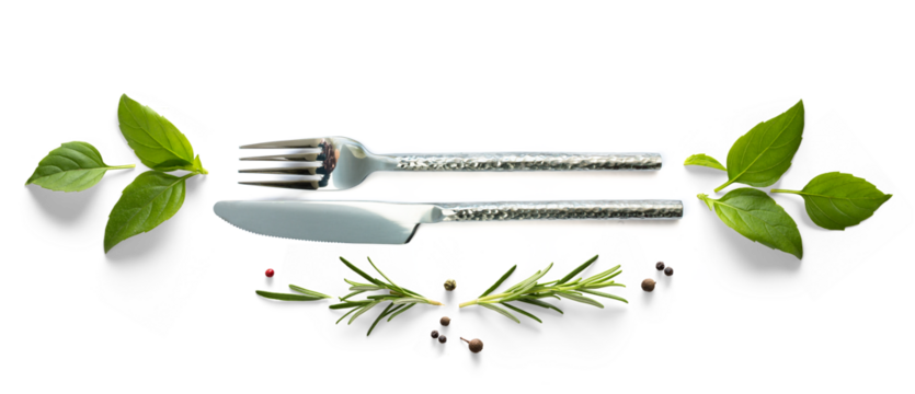 setting silverware and fresh mediterranean herb and spices with real transparent shadow isolated on transparent background. PNG cooking background design element