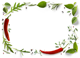 Fotobehang frame / border PNG Food design element. Spices and herbs with real transparent shadow on transparent background. Variety of spices and mediterranean herbs. © Konstiantyn