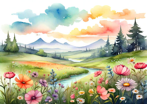 Watercolor flowers landscape background, abstract flowers made from watercolor paint splashes summer landscape, impressionism style illustration.
