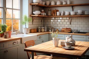 Fototapeta na wymiar Interior of a small Scandinavian kitchen with a wooden table