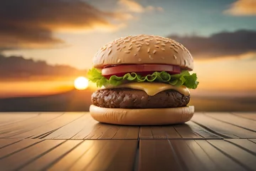 Fotobehang Burger hamburger food cheeseburger cheese. Generative AI © Royalty-Free