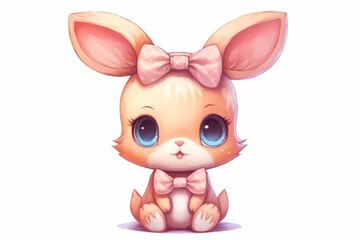 Kawaii bunny with a bow, single, white background. AI generated