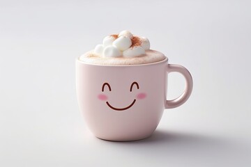 Kawaii cup of hot cocoa with a whipped cream smile, white background. AI generated