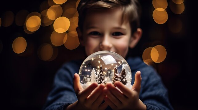 Boy Delighted by Glass Snow Globe - Christmas Holidays - Powered by Adobe
