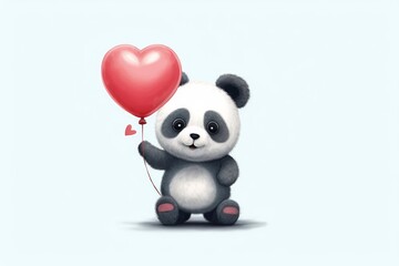 Kawaii panda holding a heart balloon, single, white background. AI generated