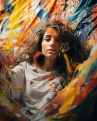 A woman sitting in front of a vibrant painting, admiring its colors and brushstrokes.