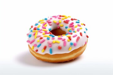 Sweet kawaii doughnut with sprinkles, single, white background. AI generated