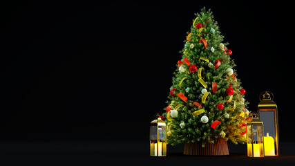 3D render of Decorated Christmas tree isolated on black background, new year concept