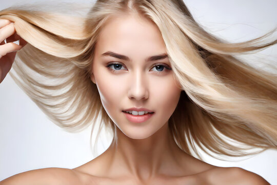 closeup photo portrait of a beautiful young female model woman shaking her beautiful blonde hair in motion. ad for shampoo conditioner hair products. isolated on white background, AI generated