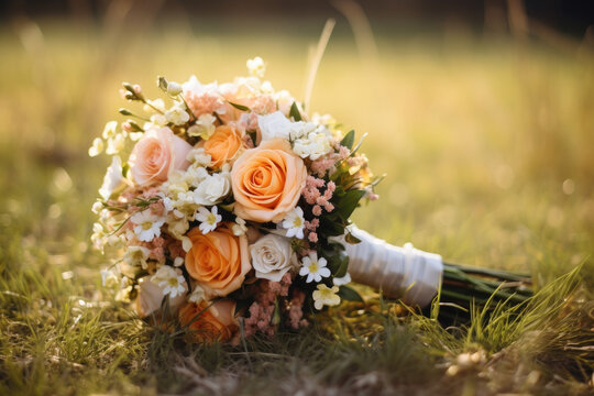 closeup of wedding flower bouquet on grass