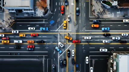 An aerial view of a bustling city intersection, captured in an image.