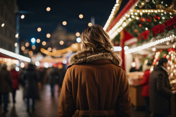 woman enjoying the view of the christmas fair at night in the city at xmas eve back view