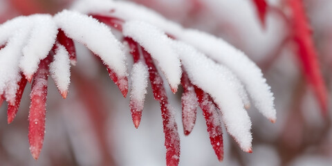 Frozen red leaves from a tree in winter