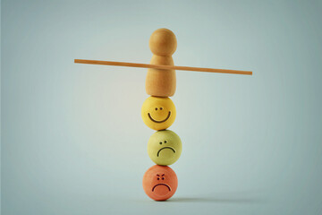Wooden pawn balancing on beads faces with different mood expressions - Concept of emotional and...