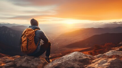 A man sitting on a mountain top gazing at the sun with a backpack on his back.