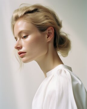 A beautiful young woman wearing a white shirt and makeup is depicted in the image. The scene is minimalist in nature.