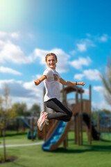 Fototapeta na wymiar Smiling brunette girl jumping at a playground. Youthful joy and fun. Outdoor sports and leisure. Play area with kids playing