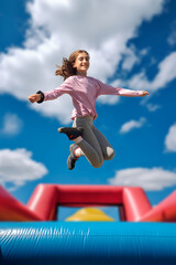 A very happy girl jumping in a bouncy castle. Fun at playgrounds and fairground attractions