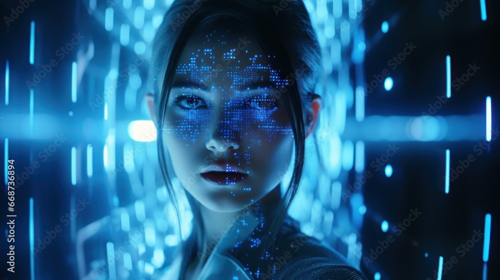 Poster a tech-savvy lady engrossed in a cutting-edge display, exploring the wonders of a futuristic interfa