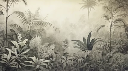 Fotobehang Retro mural photo wallpaper jungle and graceful leaves tropical forest vintage background graphics painting art card poster print interior - generative AI © Александра Низенко