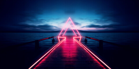 Scifi futuristic  triangle neon on bridge - obrazy, fototapety, plakaty