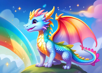 Obraz premium Generative AI. A little rainbow dragon with beautiful wings and horns is happy and smiling. A kind dragon stands on a hill, surrounded by clouds and a rainbow. Colorful illustration. Symbol of the New