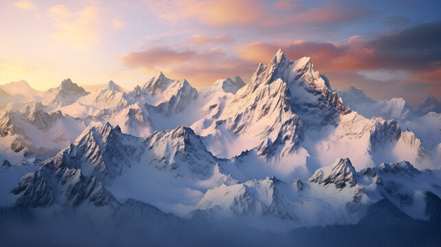 Aerial view of snow-covered mountain peaks at sunrise