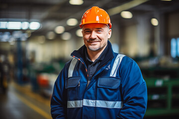 Worker in factory. Worker in factory wearing protective helmet, gloves and jumpsuit.