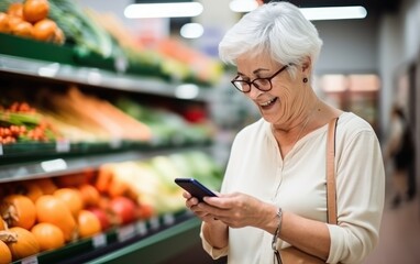 An elderly woman smiling at a supermarket with a cell phone in her hand