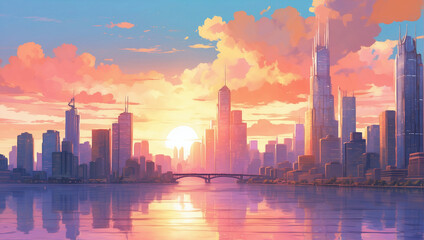 Surreal cityscape at sunset, with skyscrapers ablaze in the warm hues of the setting sun, Anime Style. - obrazy, fototapety, plakaty