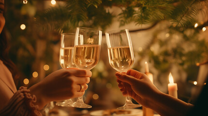 people holding champagne glasses at a christmas dining table