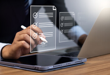 Efficient Electronic Signature Concept, Businessman using stylus pen signs electronic documents on...