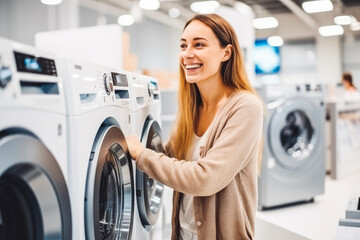 Young woman choosing the washing machine in store. Shopping for home. Woman shopping for washing machine.