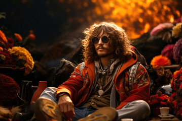 Obraz premium Young hippie man with long hair wearing sunglasses