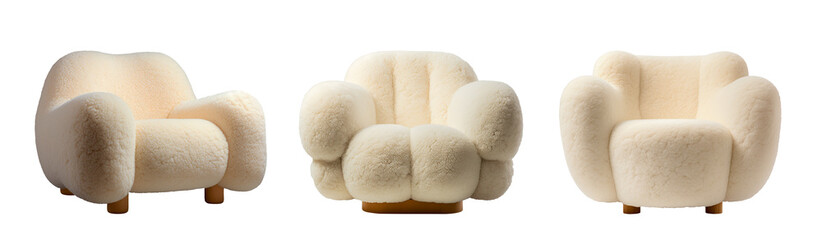 Fototapeta na wymiar Lamb's wool fabric armchair on white background