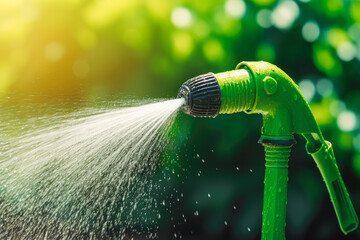 Watering garden with a hose in summer heat. Close up shot of watering hose. - obrazy, fototapety, plakaty