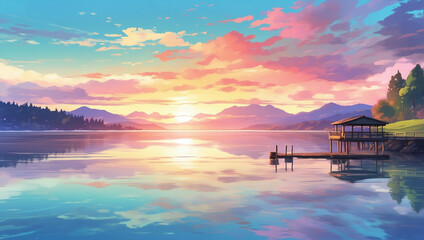 Tranquil lakeside sunset, with a colorful sky reflected on the still water and a dock stretching into the scene, Anime Style.