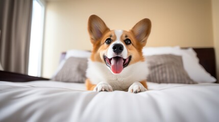 A cute dog peacefully napping on a bed, looking sweetly at the camera with an endearing gaze, set against a background of beautiful bokeh blur and lovely lighting. - obrazy, fototapety, plakaty